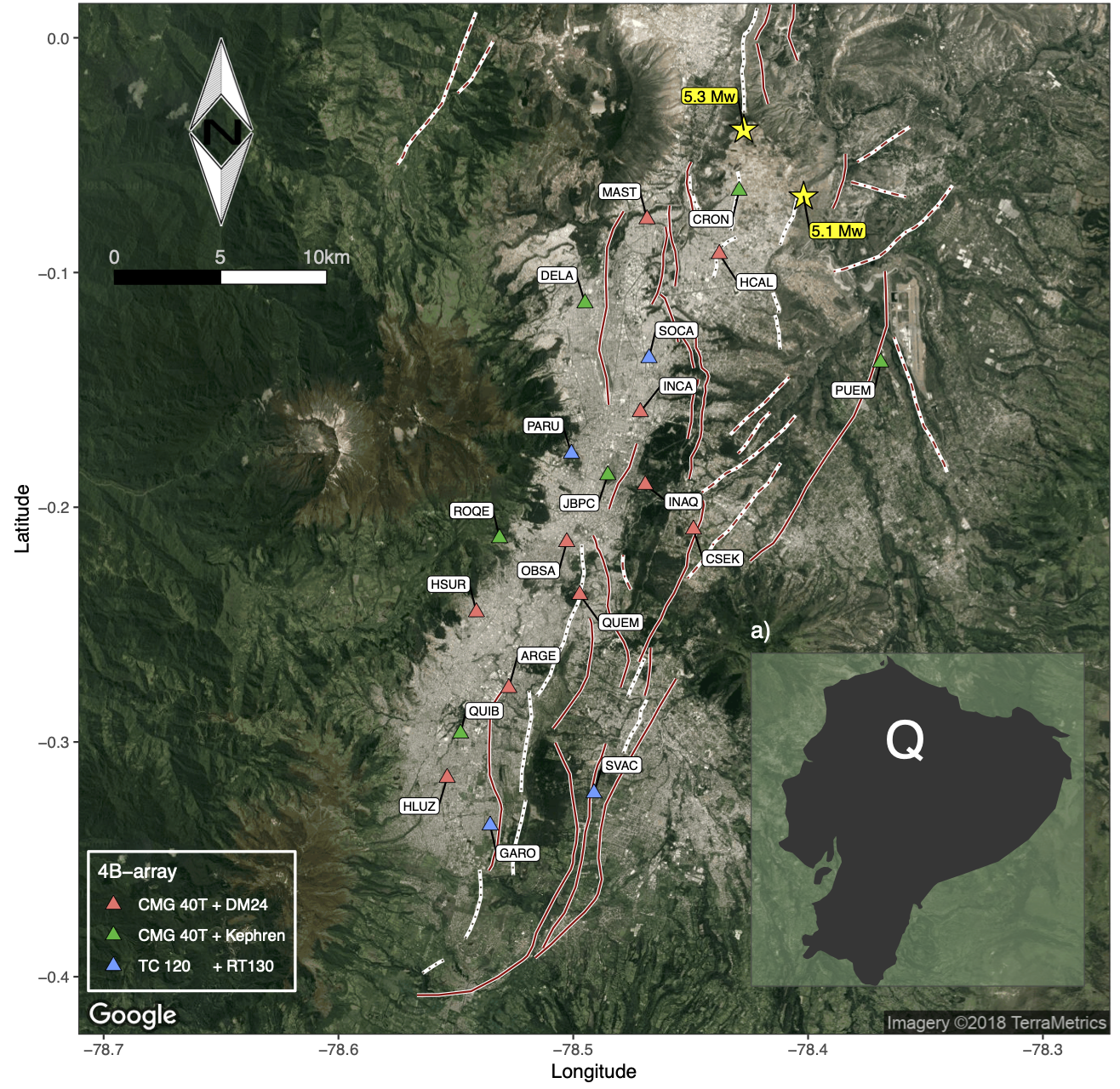 Map of Quito showing the location of the fault traces and the temporary seismic network used to study the basin structure (modified from Pacheco et al., 2021).